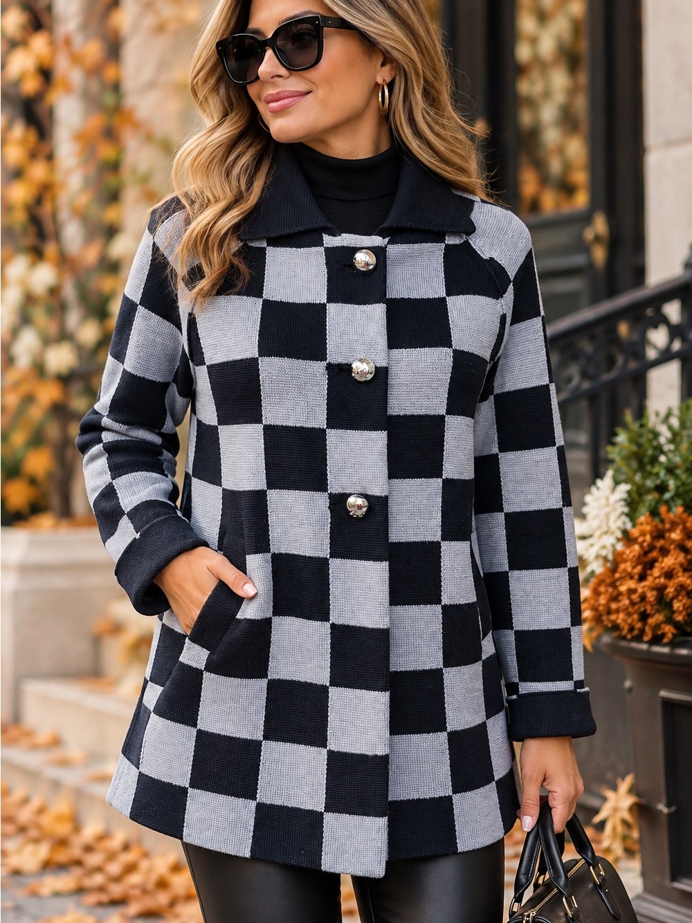 SONIA by Sonia Rykiel Wool Checkered Mid-Length Jacket Coat Black Gray Size L